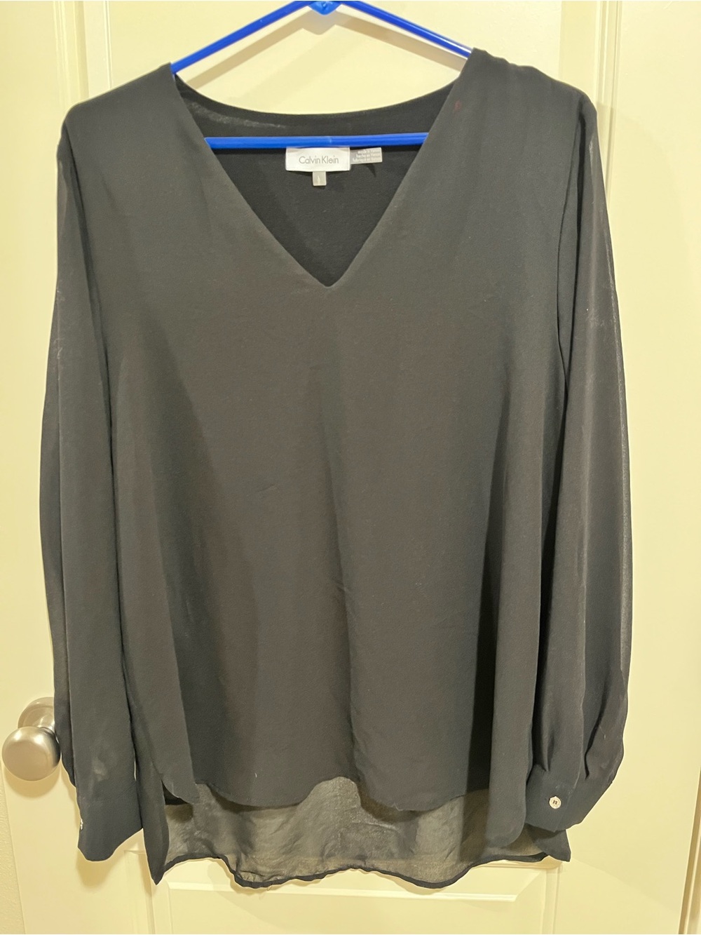 Calvin Klein Black V-Neck Long Sleeve Sheer-Hem Blouse